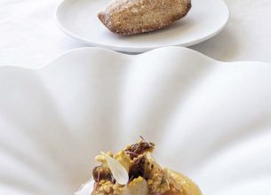 Golden du Pilat, cuite en papillote, gel caramel et glace vanille citronnée